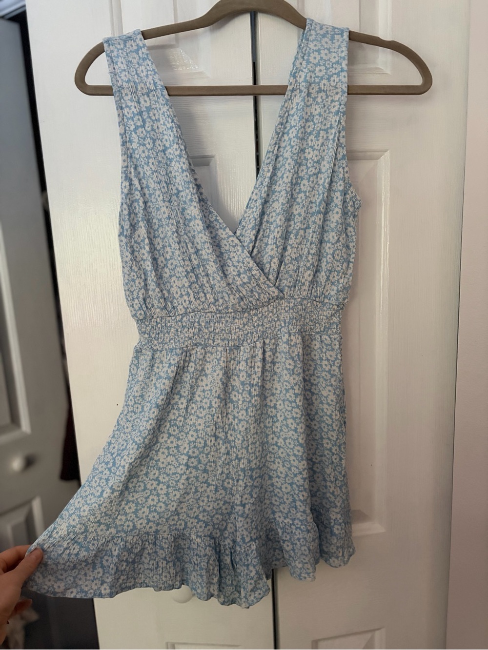 Rewind Blue and White Floral Wrap Romper